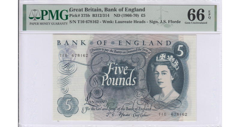 Great Britain 5 Pounds 1966-70 P375b PMG66 EPQ Great Britain 5 Pounds 1966-70 P375b PMG66 EPQ
