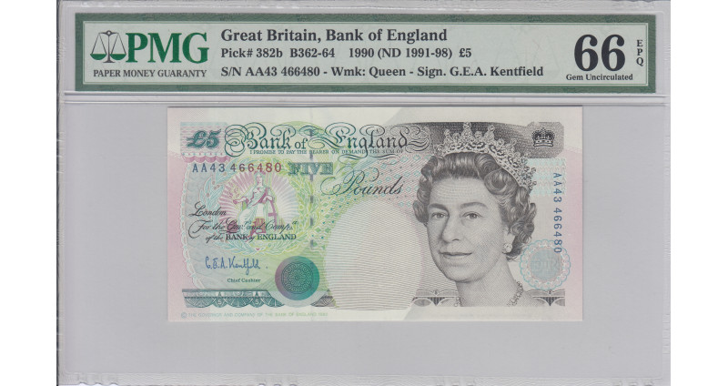 Great Britain 5 Pounds 1990 (ND 1991-98) P382b PMG66 EPQ