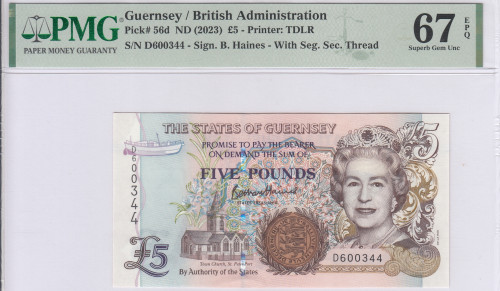 Guernsey 5 Pounds 2023 P56d PMG67 EPQ