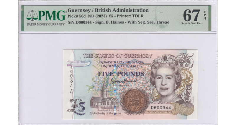 Guernsey 5 Pounds 2023 P56d PMG67 EPQ