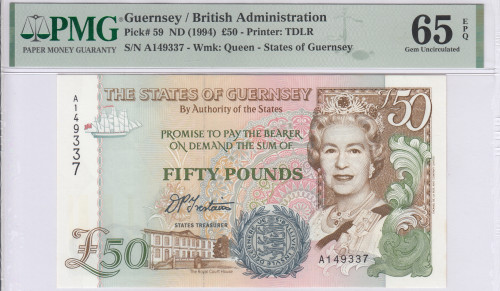 Guernsey 50 Pounds 1994 P59 PMG65 EPQ