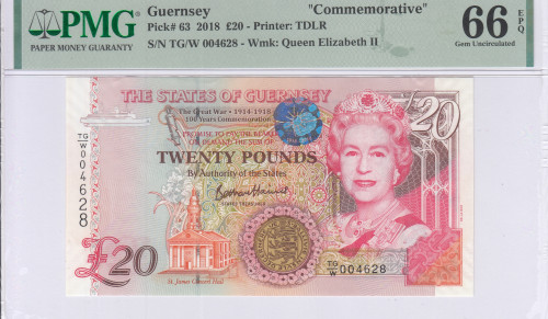 Guernsey 20 Pounds 2018 P63 PMG66 EPQ