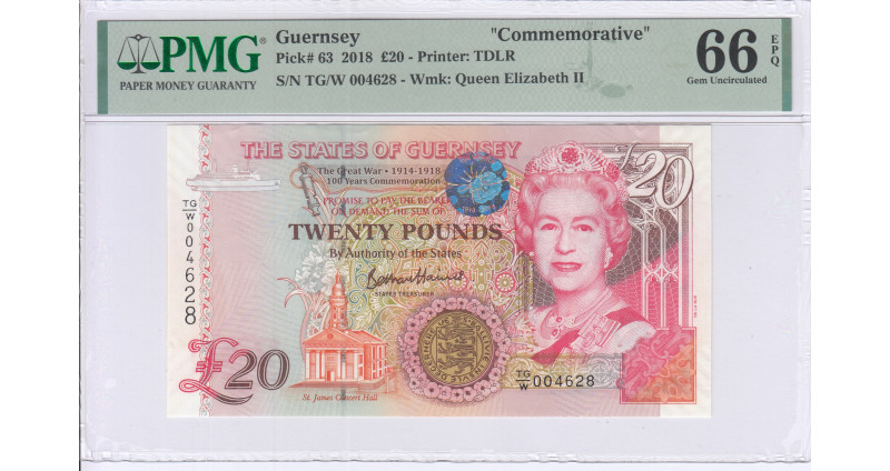 Guernsey 20 Pounds 2018 P63 PMG66 EPQ Guernsey 20 Pounds 2018 P63 PMG66 EPQ