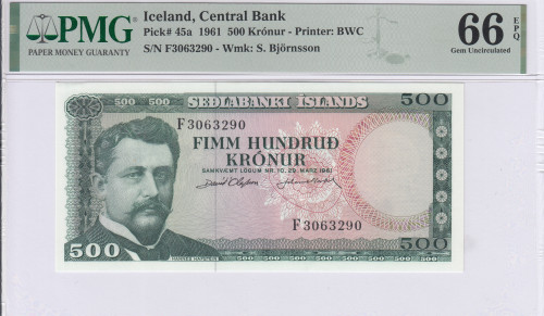 Iceland 500 Kronur 29.3.1961 P45a PMG66 EPQ