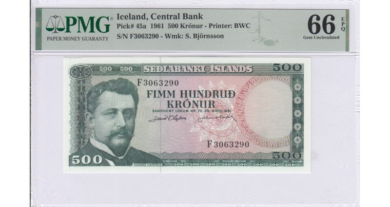 Iceland 500 Kronur 29.3.1961 P45a PMG66 EPQ