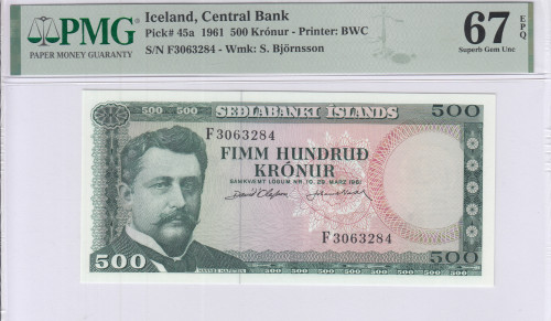 Iceland 500 Kronur 29.3.1961 P45a PMG67 EPQ