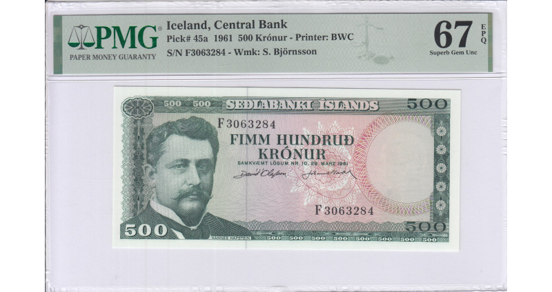 Iceland 500 Kronur 29.3.1961 P45a PMG67 EPQ
