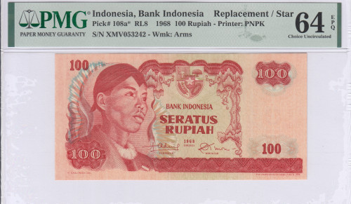 Indonesia 100 Rupiah 1968 P108a* PMG64 EPQ  "Replacement"