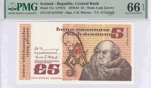 Ireland, Republic 5 Pounds  12.1.1981 P71c PMG66 EPQ