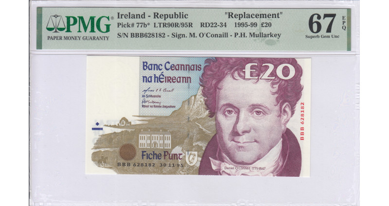 Ireland 20 Pounds 30.11.1995 P77b* PMG67 EPQ Replacement Ireland 20 Pounds 30.11.1995 P77b* PMG67 EPQ Replacement
