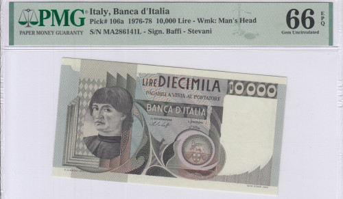 Italy 10,000 Lire 1976 P106a PMG66 EPQ Italy 10,000 Lire 1976 P106a PMG66 EPQ