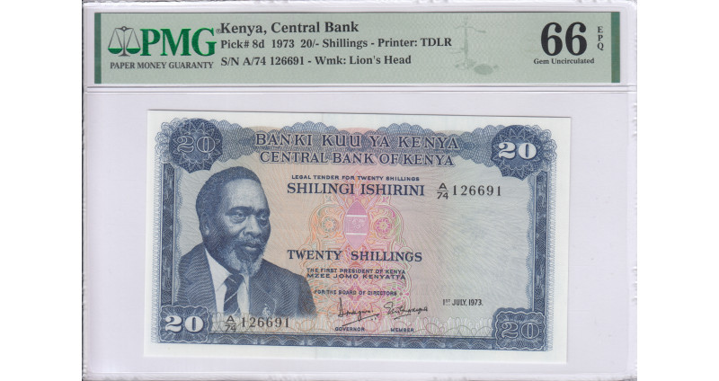Kenya 20/- Shillings 1.7.1973 P8d PMG66 EPQ
