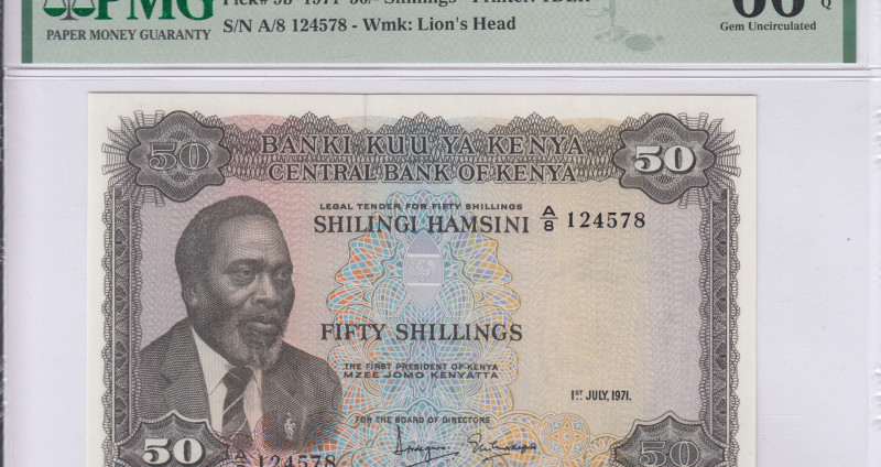 Kenya 50/- Shillings 1.7.1971 P9b PMG66 EPQ Kenya 50/- Shillings 1.7.1971 P9b PMG66 EPQ