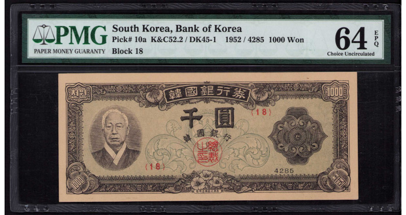 South Korea 1000 Won 1952(4285) P10a PMG64 EPQ South Korea 1000 Won 1952(4285) P10a PMG64 EPQ