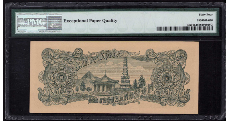 South Korea 1000 Won 1952(4285) P10a PMG64 EPQ South Korea 1000 Won 1952(4285) P10a PMG64 EPQ