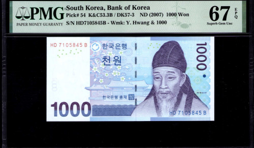 South Korea 1000 Won 2007 P54 PMG67 EPQ