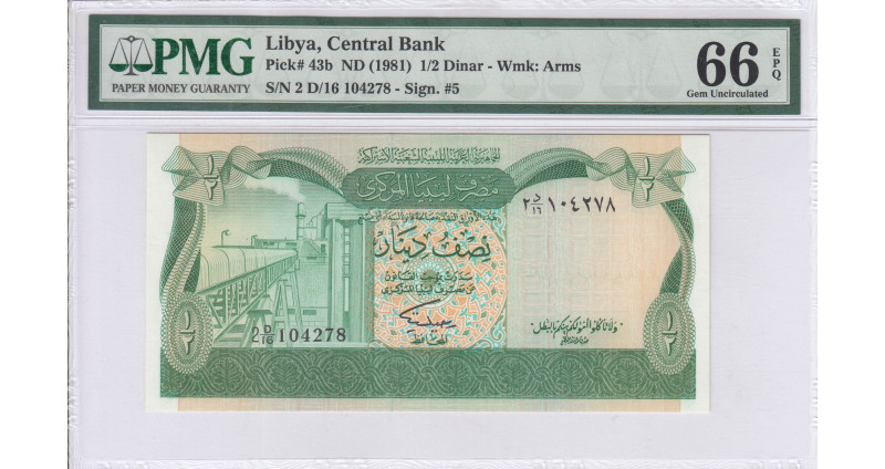 Libya 1/2 Dinar 1981 P43b PMG66 EPQ