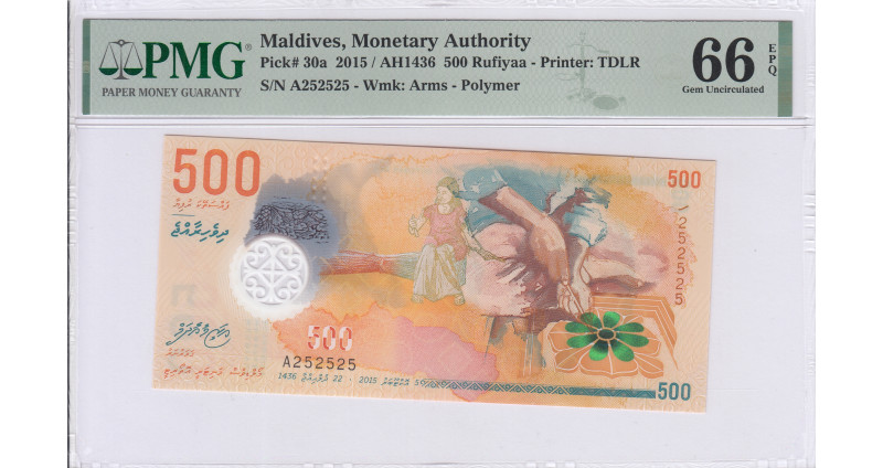 Maldives 500 Rufiyaa 2015/AH1436 P30a PMG66 EPQ (Repeater S/N) Maldives 500 Rufiyaa 2015/AH1436 P30a PMG66 EPQ (Repeater S/N)
