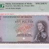 Malta 5 Pounds ND 1961 P27s PMG63 (Specimen)