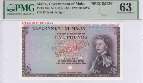 Malta 5 Pounds ND 1961 P27s PMG63 (Specimen)
