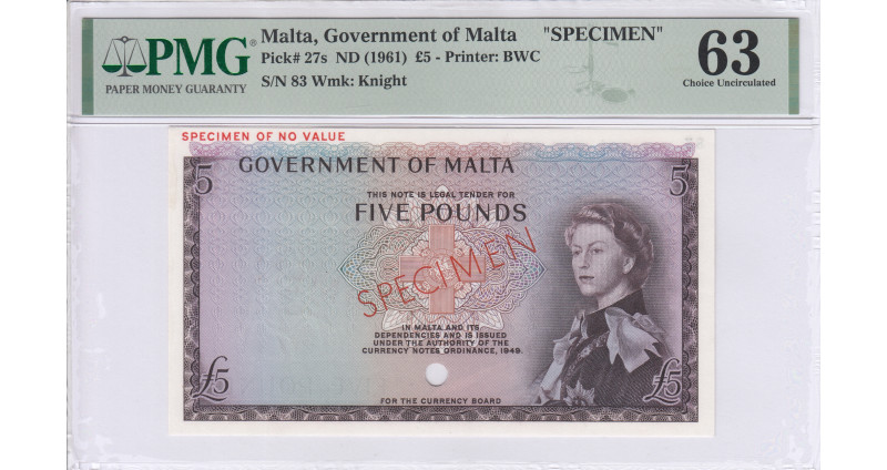 Malta 5 Pounds ND 1961 P27s PMG63 (Specimen)