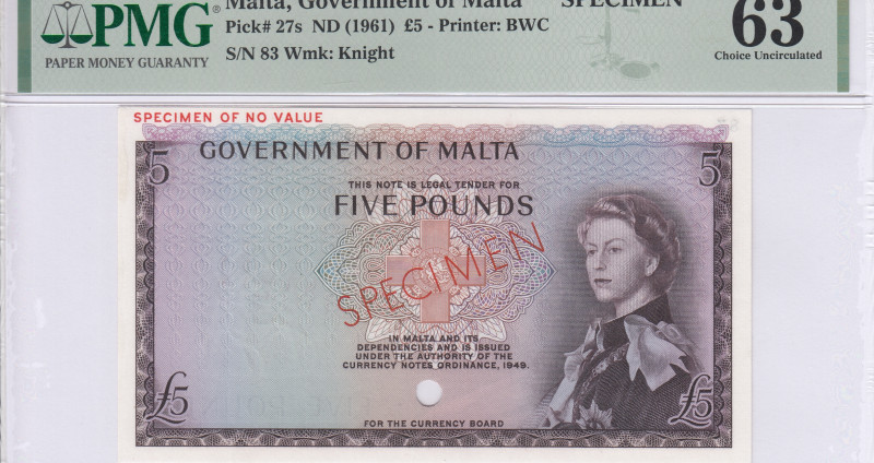 Malta 5 Pounds ND 1961 P27s PMG63 (Specimen)