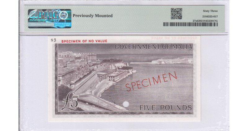 Malta 5 Pounds ND 1961 P27s PMG63 (Specimen) Malta 5 Pounds ND 1961 P27s PMG63 (Specimen)