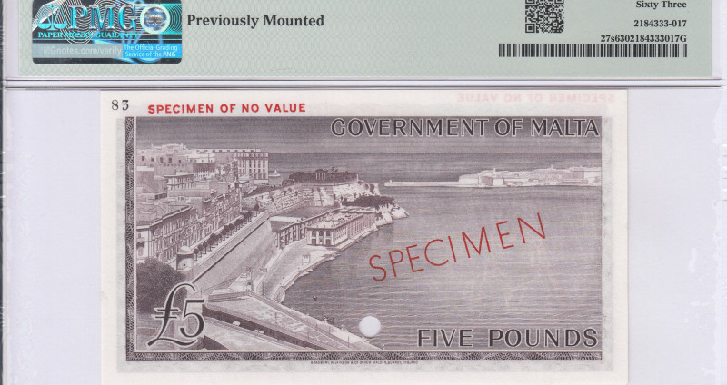 Malta 5 Pounds ND 1961 P27s PMG63 (Specimen) Malta 5 Pounds ND 1961 P27s PMG63 (Specimen)