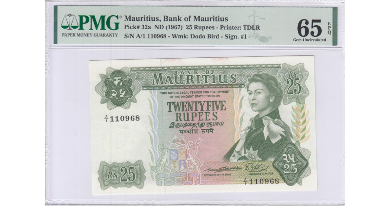 Mauritius 25 Rupees ND 1967 P32a PMG65 EPQ Mauritius 25 Rupees ND 1967 P32a PMG65 EPQ