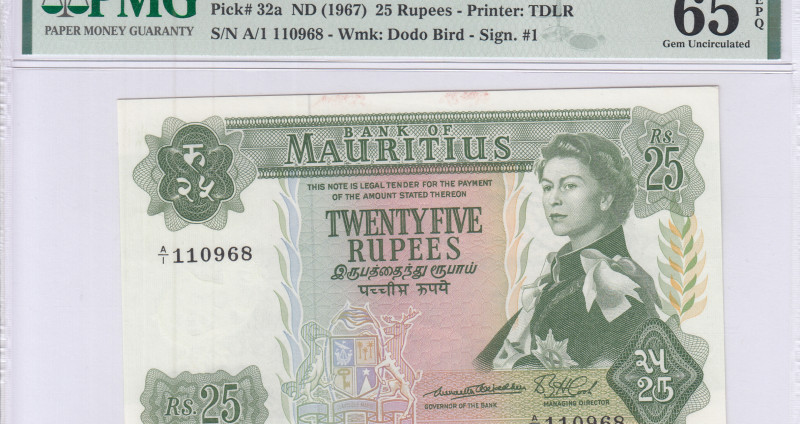 Mauritius 25 Rupees ND 1967 P32a PMG65 EPQ Mauritius 25 Rupees ND 1967 P32a PMG65 EPQ