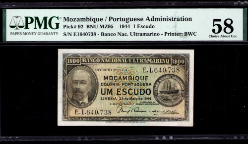 Mozambique 1 Escudo 23.5.1944 P92 PMG58