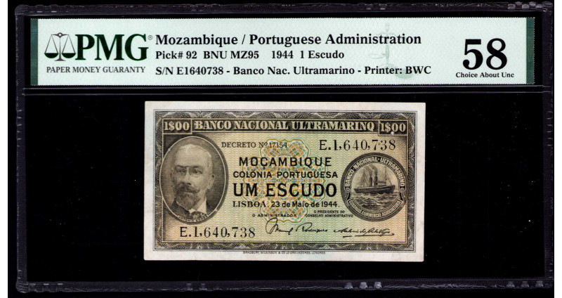 Mozambique 1 Escudo 23.5.1944 P92 PMG58 Mozambique 1 Escudo 23.5.1944 P92 PMG58