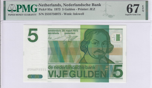 Netherlands 5 Gulden 28.3.1973 P95a PMG67 EPQ