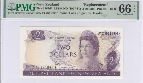 New Zealand 2 Dollars 1977-81 P164d* PMG66 EPQ "Replacement"