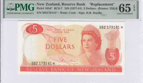 New Zealand 5 Dollars ND(1977-81) P165d* PMG65 EPQ "Replacement"