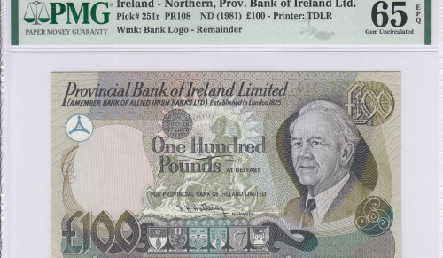 Northern Ireland, Provincial Bank 100 Pounds 1981 P251r PMG65 EPQ