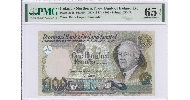 Northern Ireland, Provincial Bank 100 Pounds 1981 P251r PMG65 EPQ