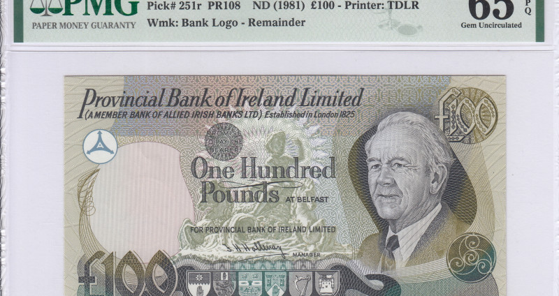 Northern Ireland, Provincial Bank 100 Pounds 1981 P251r PMG65 EPQ Northern Ireland, Provincial Bank 100 Pounds 1981 P251r PMG65 EPQ