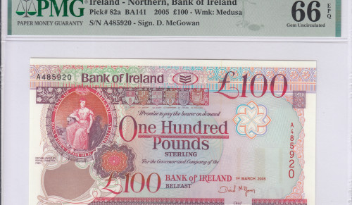 Northern Ireland, Bank of Ireland 100 Pounds 1.3.2005 P82a PMG66 EPQ