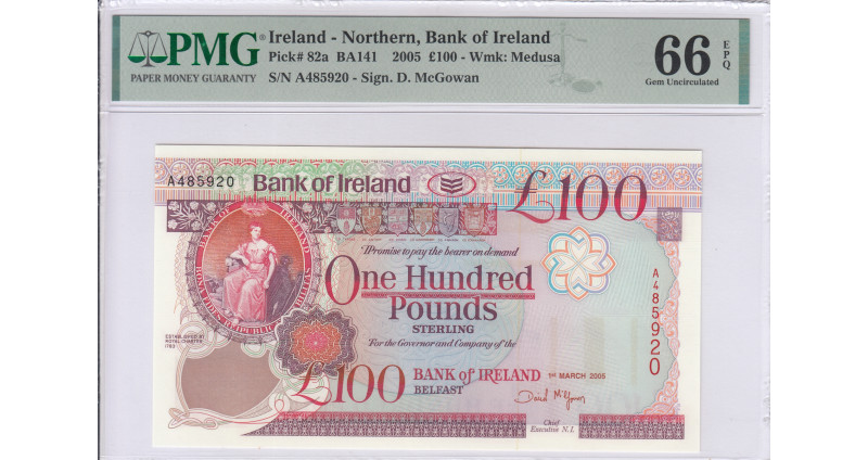 Northern Ireland, Bank of Ireland 100 Pounds 1.3.2005 P82a PMG66 EPQ