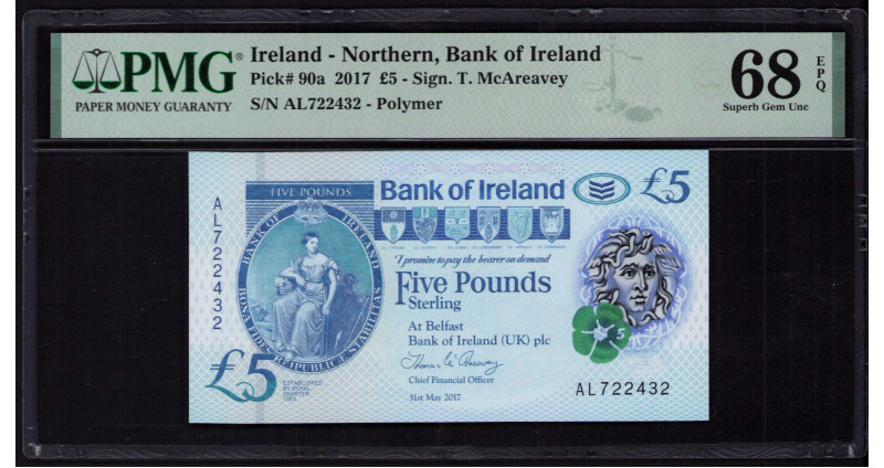 Northern Ireland, Bank of Ireland 5 Pounds 2017 P90a PMG68 EPQ