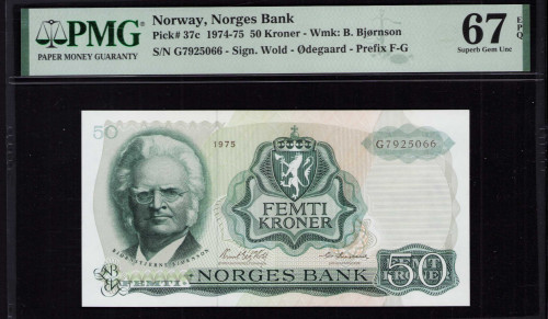 Norway 50 Kroner 1975 P37c PMG67 EPQ