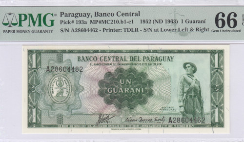 Paraguay 1 Guarani 1925 (ND1963) P193a PMG66 EPQ