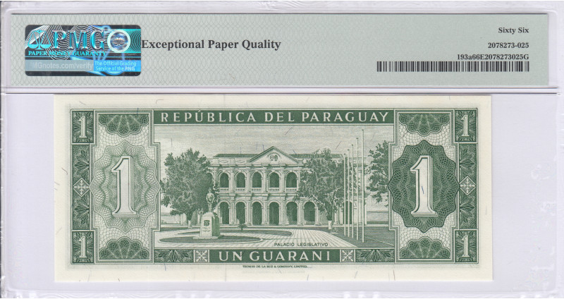 Paraguay 1 Guarani 1925 (ND1963) P193a PMG66 EPQ Paraguay 1 Guarani 1925 (ND1963) P193a PMG66 EPQ