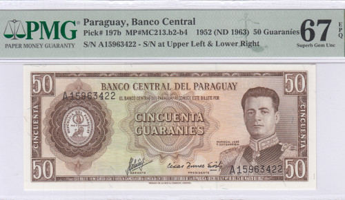 Paraguay 50 Guaranies 1952(ND 1963) P197b PMG67 EPQ