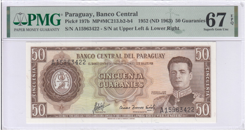 Paraguay 50 Guaranies 1952(ND 1963) P197b PMG67 EPQ Paraguay 50 Guaranies 1952(ND 1963) P197b PMG67 EPQ