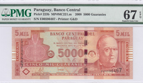 Paraguay 5000 Guaranies 2008 P223b PMG67 EPQ