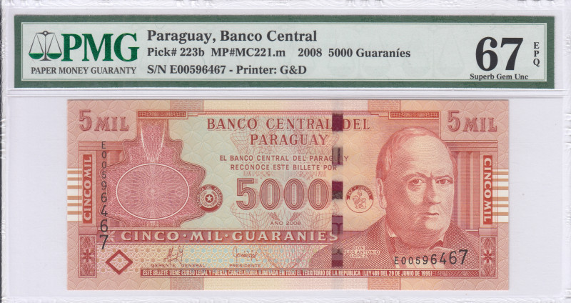 Paraguay 5000 Guaranies 2008 P223b PMG67 EPQ Paraguay 5000 Guaranies 2008 P223b PMG67 EPQ