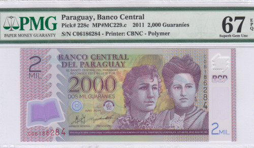 Paraguay 2000 Guaranies 2011 P228c PMG67 EPQ