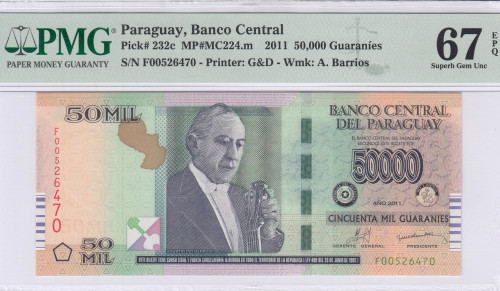 Paraguay 50000 Guaranies 2011 P232c PMG67 EPQ